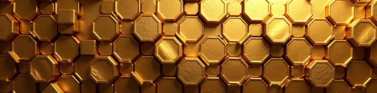 Luxurious hexagonal wall background with gold tile wallpaper and polished 3D blocks, creating a stunning and opulent design,  blocks,  3D