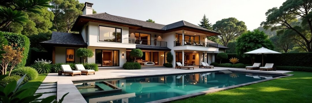 Luxurious mansion exterior with stunning backyard landscaping, including pool, water features, and lush gardens,  house,  mansion