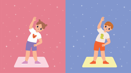 Children doing gymnastics. Morning or evening sport training for kids. Cute cartoon girl boy in sports uniform, child stretch, vector funny characters