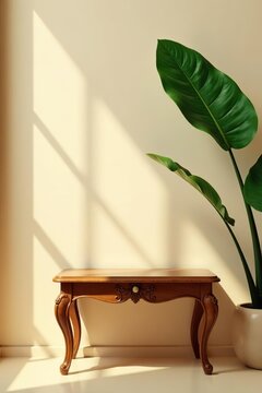 Luxurious wooden side table with tropical plant leaf, sunlight and shadow on beige wall for beauty and fashion product display background, wood,  side table