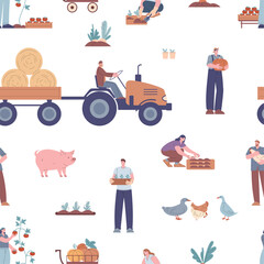 Gardening people, farmers seamless pattern. Men women harvesting, pig and farm birds. Man ride tractor, hold hen, pumpkin, plants, vector background