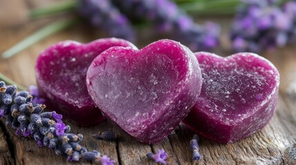 Three purple heart shaped soaps and sprigs of lavender