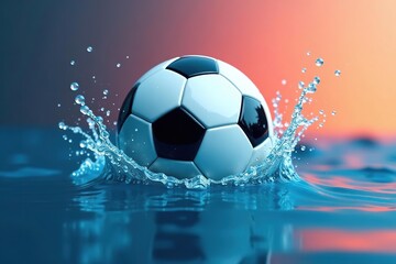 Obraz premium Soccer ball in blue water ripples with dynamic splash effects against vibrant fluid background, dynamic, excitement