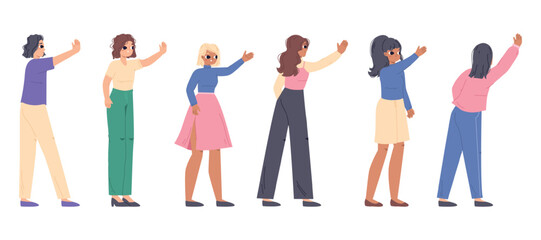 Female different gestures. Greets, say stop, waves her hand. Young female characters in casual outfits. Isolated cartoon characters vector set