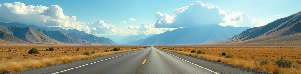 Fototapeta premium Scenic view of empty State Highway 73 with mountains and clouds, peaceful, New Zealand