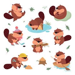Cartoon beavers. Funny beaver in different poses. Wild animals working, building dam from wooden logs, sleeping and play hockey, nowaday vector set © MicroOne