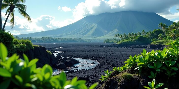 Scenic view of Hawaii's volcano landscape with lush greenery and flowing lava,  geology,  island