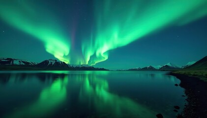 Naklejka premium Northern lights dancing over the calm waters of lake ?ingvallavatn in Iceland, travel, mystical