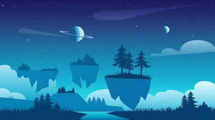 Floating islands starry night stylized landscape