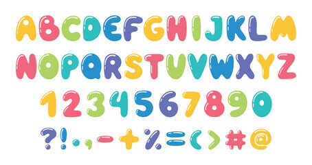 Balloon style letters. Bubble numbers, marks and letter. Isolated decorative font bright colors for cards ad banners posters design, neoteric vector set