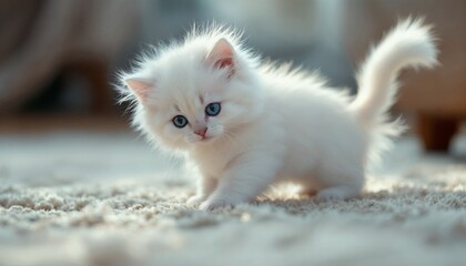 Fototapeta premium Walking White Kitten with Blue Eyes on Fluffy Beige Carpet Indoors