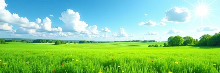 Obraz premium Peaceful summer scene in rural Russia with lush green fields stretching towards the horizon under a clear blue sky dotted with fluffy white clouds, serene, nature