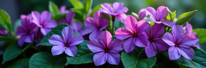 Vibrant bouquet of purple flowers and lush green leaves,  plants,  leaves