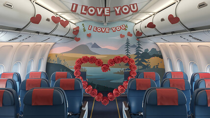 Valentines Day airplane cabin decorated with roses and banners Romantic travel concept