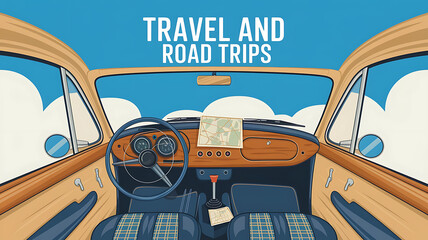 Vintage car interior travel and road trip theme retro style vector graphic