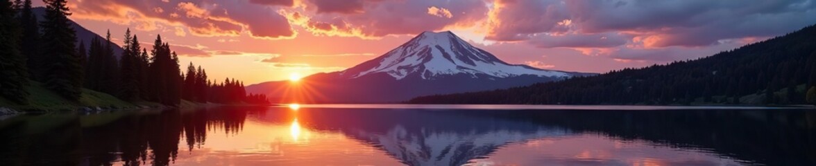 Fototapeta premium Scenic view of sun setting over Mt Rainier at Tipsoo Lake in Mt Rainier National Park, Washington, tourism, peaceful