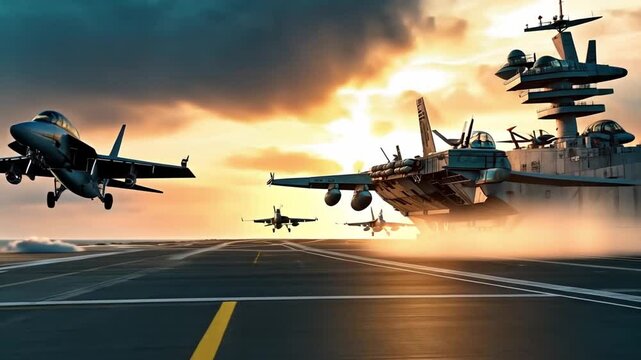 Multiple jets take off from an aircraft carrier during a stunning sunset. The vibrant colors in the sky create an impressive backdrop for the dramatic military operation
