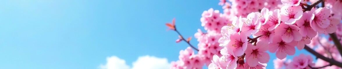 Fototapeta premium Vibrant cherry blossom tree in full bloom with delicate pink petals against a clear blue sky, nature, peaceful