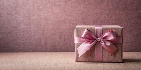 A delicately wrapped present, adorned with a blush pink satin ribbon, sits elegantly on a textured surface against a muted pink backdrop.