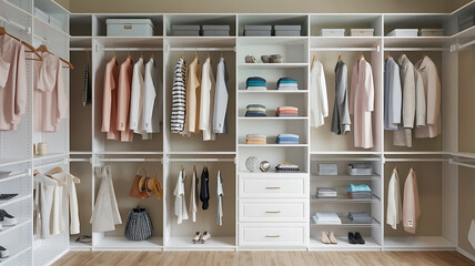 Organized white walk-in closet showcasing clothing and accessories Modern minimalist style
