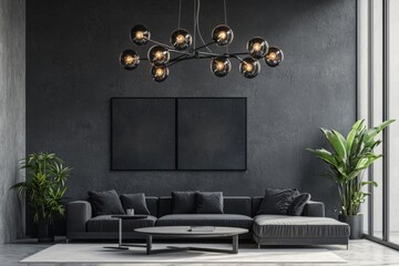 A futuristic modern style interior featuring a living room with a hanging chandelier and candles