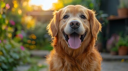 Golden Retriever portrait, garden sunset