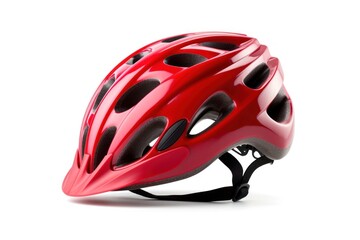 Fototapeta premium Red bicycle helmet white background protection headgear.