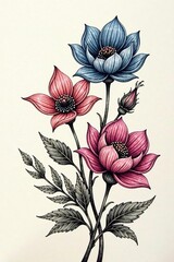 Tattoo style floral art collection in ink, charcoal, pencil, chalk, and crayon with abstract hand drawn trendy flowers vector illustration set,  plants,  floral