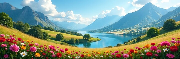 Vibrant and ethereal landscape with rolling hills, colorful flowers, majestic mountains, and a sparkling river,  fantasy world,  rolling hills