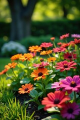 Vibrant and colorful flowers blooming in a well-maintained home garden,  growth,  vibrant
