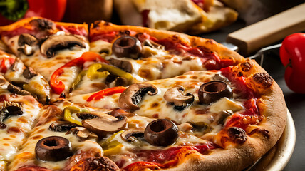 Close-up of a delicious loaded pizza with vegetables and cheese