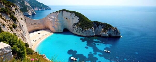 Towering limestone cliffs overlook turquoise waters of Cala Goloritze and Cala Sisine in Sardinia, Italy,  paradise,  isolated