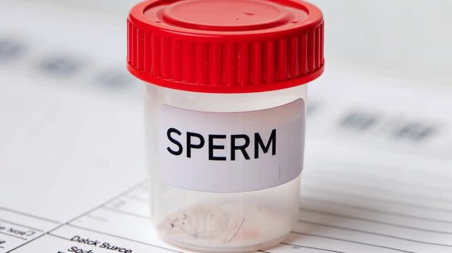 A small container with a red lid is filled with sperm sample at a medical laboratory. The background features a lab report with details, indicating testing and analysis procedures