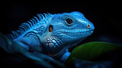 Fototapeta premium Vibrant blue iguana portrait in dark tropical foliage