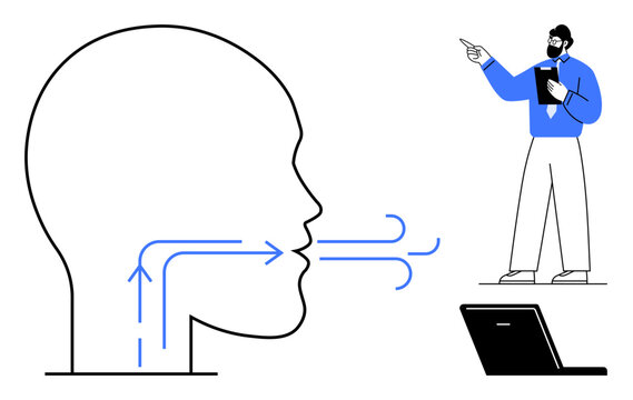 Profile head with arrows representing communication flow, person in blue shirt explaining next to open laptop. Ideal for communication, teaching, leadership, teamwork, training, instruction, flat