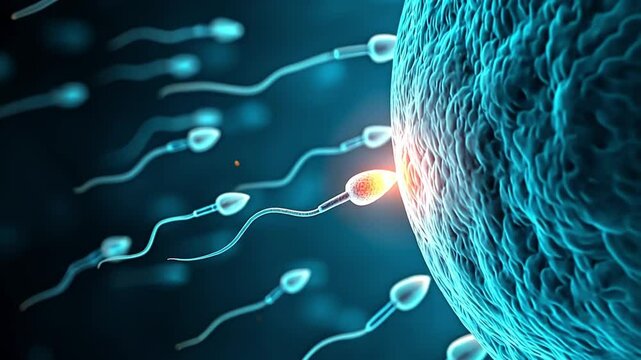 A close view of sperm cells rapidly swimming toward an egg cell, illustrating the complex biological process of fertilization within a vibrant microscopic environment