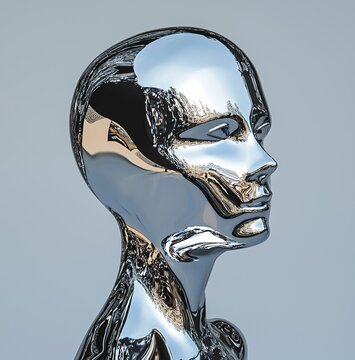 A woman made of chrome with a melting metal head is depicted as an amorphic humanoid cyborg robot in a cyberpunk and darksynth wallpaper with a modern fashion style stock concept