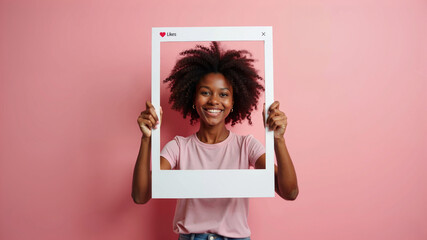 A smiling African woman playfully holds up a white picture frame towards the camera. Photo booth with likes. Social media frame.
