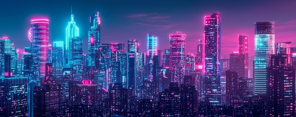 Obraz premium A futuristic metropolis with a neon landscape, set amidst an industrial area, depicted in a cyberpunk wallpaper, featuring a grungy cityscape with vibrant neon lights and massive futuristic