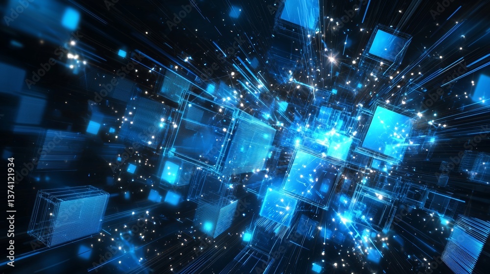 Poster the concept of block chain is represented by isometric digital blocks connected to each other, formi