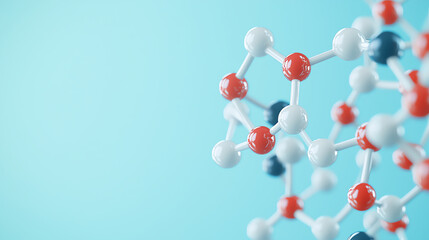 Molecular structure with colorful atoms on blue background, representing biochemical concepts and scientific research