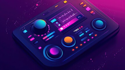 A vector-style music player with colorful buttons, a volume knob, and a display screen showing a playlist, illustrated in a modern style.