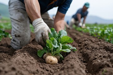 Hands of a farmer carefully harvest crops from the earth, depicting the labor and dedication involved in agriculture to bring freshness to the table.
