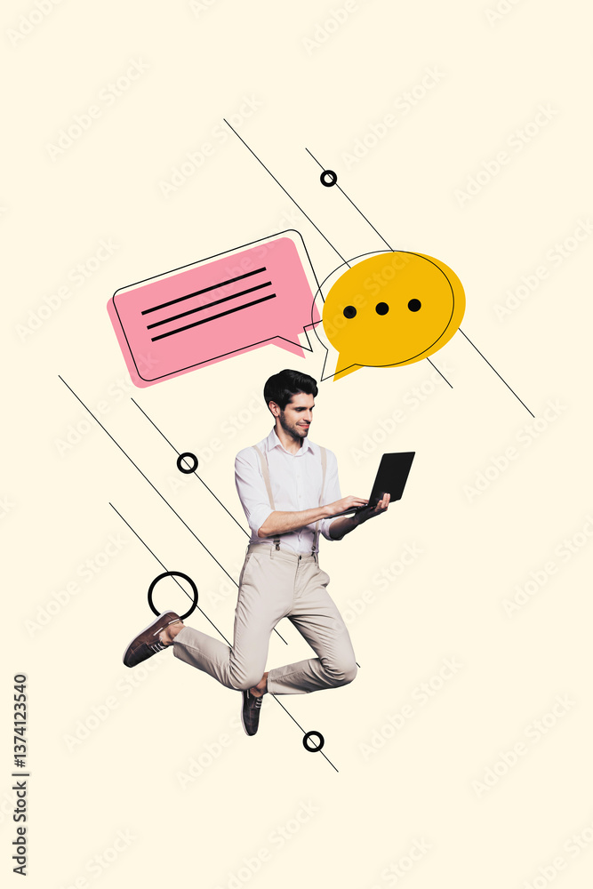 Poster image 3d zine vertical collage of happy man jump surf laptop message communication speech talk chatt