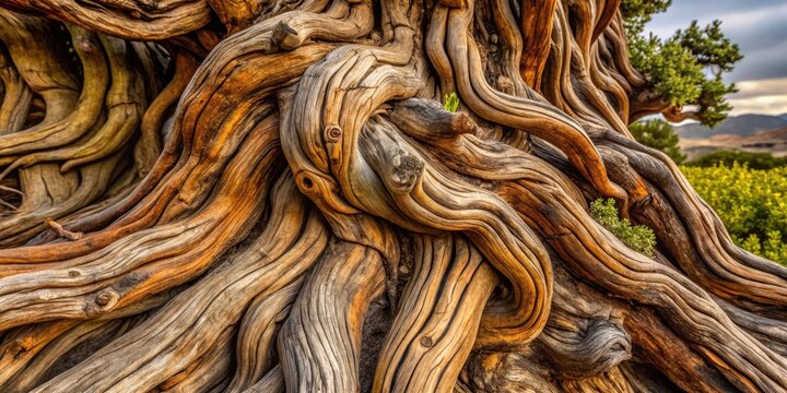 Intricate Wood Grain Texture of a Majestic Ancient Tree with a Twisting, Knotted Root System Displaying Deep Brown and Gray Hues
