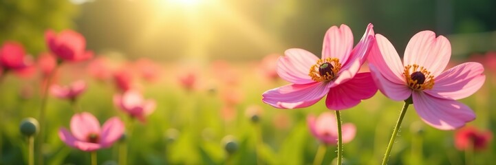 Obraz premium Vibrant anemone flowers in full bloom on a sunny field, outdoors, close-up