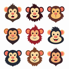 Set of cartoon fcae monkey, set of happy and surprised cartoon monkey face	