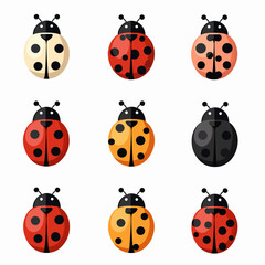 Ladybugs cute characters set. Ladybirds insects flying with open wings and big eyes. Vector isolated on white	