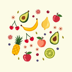 Fruit doodles. Natural fruits set. Pomegranate, lemon, peach, pineapple, pear, apple, banana, strawberry isolated background. Hand drawn, organic fruits. Modern colorful trendy vector illustration.	