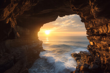 A cave high up on a cliffside, offering a panoramic view of the ocean and a golden sunset. Waves crash against the rocks below, creating a dramatic yet peaceful scene for wanderlust travelers.

